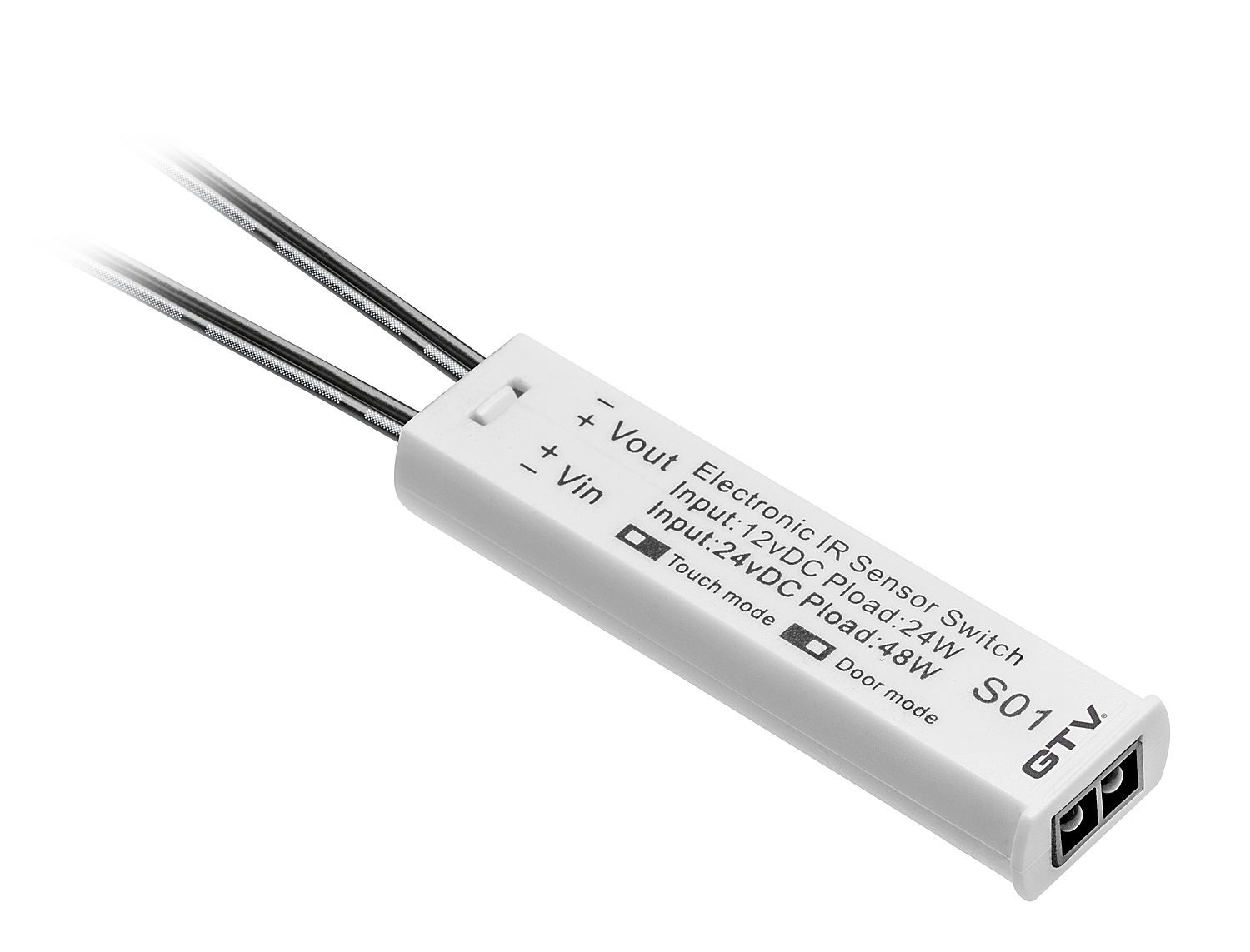 Выключатель универсальный (взмах/преграда) с диммером, 24/48W, 12/24V, mini-AMP, шнур 2х2м, белый, GTV