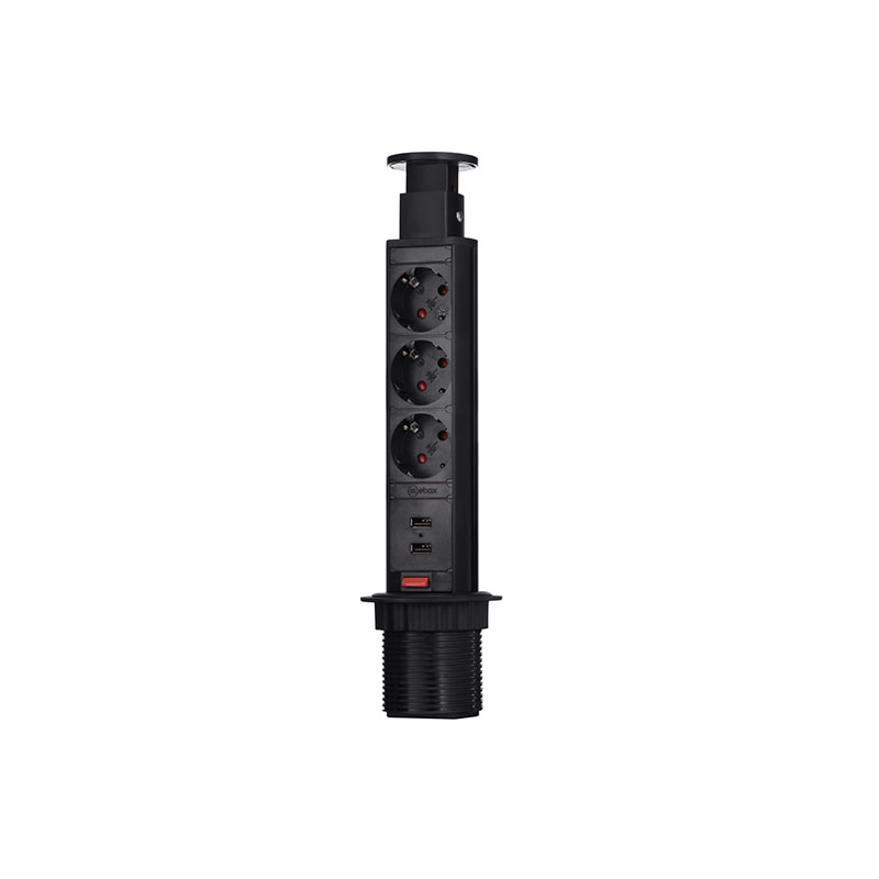 3 розетки, 2xUSB, провод 1,8м, пластик, d=60мм, IP20, усовое заземление, черный