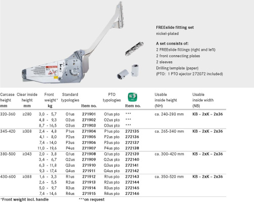 Подъемный механизм Фри Слайд, P3us, h=345-420мм, 7,4-14,0кг, без крышек, Kessebohmer