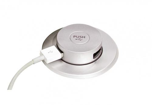 Встраиваемое зарядное устройство PUSH UP USB DUAL, пластик, серебристый