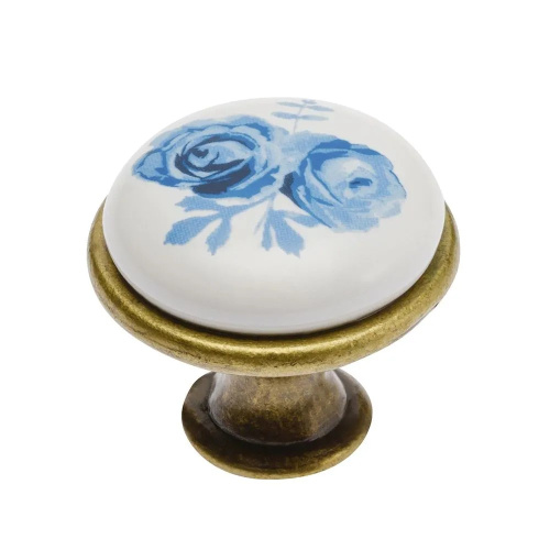 Ручка-кнопка, GP-0728, d=28мм, металл/керамика, старое золото/белый с орнаментом (роза), GTV