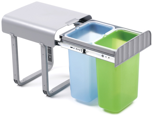 Контейнеры для мусора выдвижные ALADIN 2, 2x8л, в шкаф 400мм, серый/голубой/зеленый, REJS