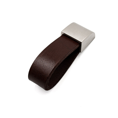 Ручка-кнопка, GU53-G6-S2, 80х22х14мм, металл/кожа, матовый никель/коричневый